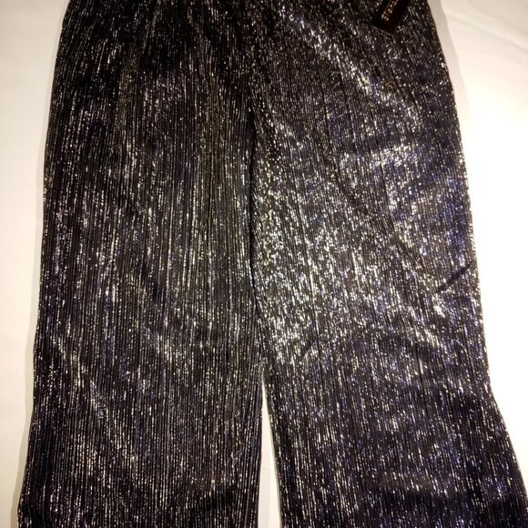 JM Studio Pants LGE  Navy Silver Metallic  Wide Leg  Sheer over solid lining NWT - Picture 2 of 10